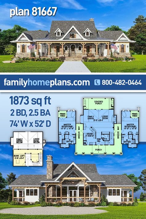 Vacation House Plan With Two Master Suites House Plan Two Master Suites, Dual Master Suite House Plans, Stone Skirting, Cabin Style Home, Two Master Suites, Cedar Shingle, Cabin Plan, Vacation House Plans, Ranch Style House