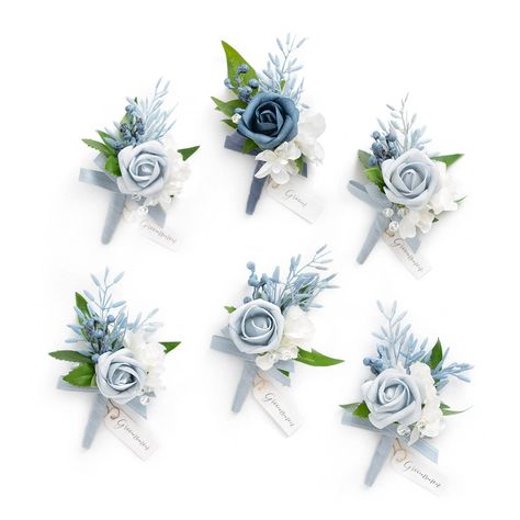 PRICES MAY VARY. Silk Size: Each piece is approx. 2.7" W x 4.5" H. Diameter of the rose: 1.5 inches. Material: The boutonnieres are made of beautiful and real-looking navy blue foam roses, dotted with some tiny leaves, flowers, and greenery. Great Value: A set of 6 boutonnieres may fit the number of the groom and groomsman in the wedding. These romantic and elegant white boutonnieres are a Finishing Touch for men's whole outfit. Perfect for the groom and his brothers (best man and groomsmen), or Dusty Blue Boutonniere, Blue Boutonniere, Sky Blue Weddings, Baby Blue Weddings, Blue Wedding Decorations, White Boutonniere, Groomsmen Boutonniere, Blue Wedding Bouquet, Handmade Bouquets