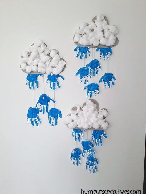 Rain Art For Toddlers, Weather Handprint Art, Weather Mobile Craft For Kids, Rain Toddler Crafts, Infant Weather Crafts, Preschool Weather Art, Seasons Crafts For Toddlers, Cloud Activities For Toddlers, Weather Projects For Preschool