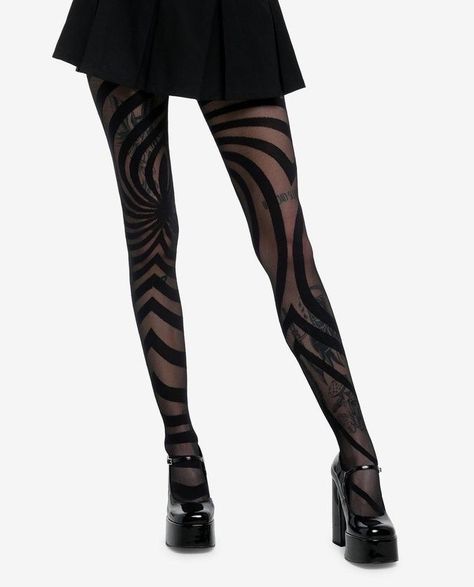 (99+) Image reblogged from @angryang3l – @angelvoids on Tumblr Black Metal Fashion Woman, Black Mesh Tights Outfit, Black Bow Tights, Tights With Designs, Whimsy Goth Clothes, Weird Tights, Spiral Tights, Pretty Tights, Goth Tights