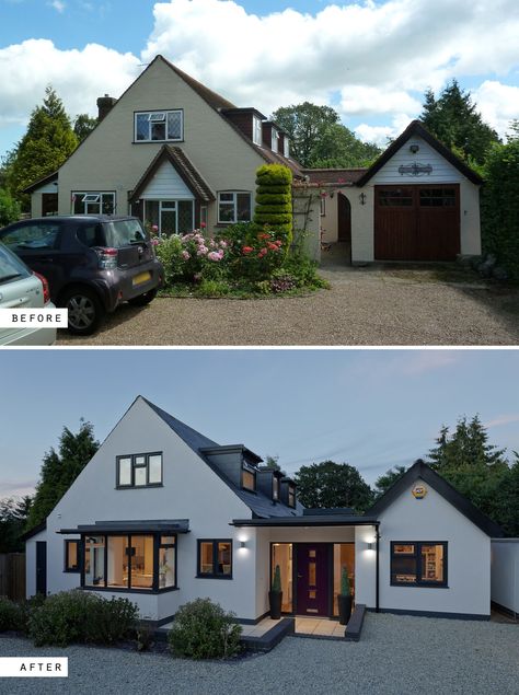 Adhoc extensions were re-planned and remodelled to transform a house in Lingfield, Surrey, UK. Renovation before and after photos. Uk Renovation, Renovation Facade, Bungalow Extensions, Exterior House Renovation, House Extension Plans, Property Renovation, House Makeovers, Exterior House Remodel, House Cladding