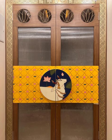 Pichwai painting on a Puja door in one of our favourite colour combinations ✨ For a home designed by @the_lotus_studio Pichwai Pooja Room Door, Pichwai Mandir, Small Puja Room Ideas, Puja Door Design, Mandir Door Design Puja Room, Small Puja Unit Design, Temple Door Design For Home, Mandir Door Design For Home, Mandir Doors