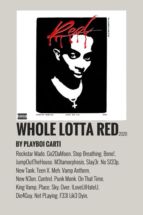 Whole Lotta Red Poster, Aesthetic Vintage Posters, Playboi Carti Poster, Carti Poster, Rapper Posters, Album Cover Wall Decor, Poster Rapper, Living Room Decor Aesthetic, Whole Lotta Red