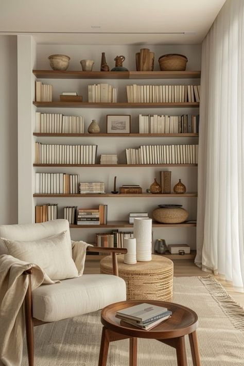 Organized Interior Design, Minimal Aesthetic Home Decor, Home Ideas Minimalist, Quite Rooms, Quiet Living Room, Minimalism Home Design, Cute Shelves For Living Room, Innovative Interior Design Ideas, Minimalistic Wall Design