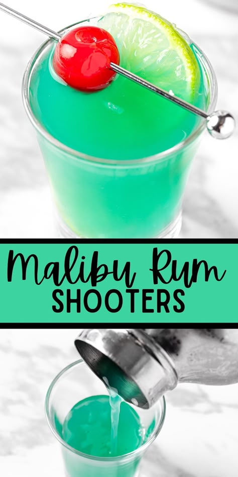 These Malibu rum shooters are the perfect shots to serve to guests at a summer party. A combination of Malibu coconut rum, mango juice and blue curaçao give these shots a fruity boost of tropical flavor. Ice Alcohol Drinks, Bacardi Tropical Rum Recipes, Birthday Shots Alcohol, Coconut Rum Shots, Tropical Shots Recipes, Malibu Rum Shots, Butter Ripple Schnapps Shots, Malibu Rum Shots Recipes, Hawaiian Drinks Alcoholic Luau Party