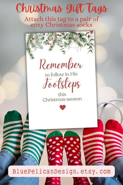 Socks Christmas Gift Tag, Volunteer Christmas Gifts, Primary Christmas Gifts Lds, Socks Gift Tag, Footsteps Quote, Lds Primary Christmas Gifts, Christ Centered Christmas Gifts, Lds Christmas Gifts, Relief Society Christmas Gifts