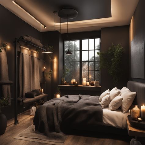 Simple Guys Bedroom, Dark Grey And Gold Bedroom, Primary Bedroom Moody, Rooms With Dark Ceilings, Dark Gray Bedroom Ideas, Brown And Black Bedroom Ideas, Moody Bedroom Cozy, Small Dark Bedroom, Black Ceiling Bedroom