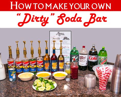 How to make your own dirty soda bar Bar Activities Ideas, Flavored Soda Bar, Soda Bar Drink Stations, Dirty Soda Bar, Soda Bar Sign, Soda Fountain Bar, Soda Station, Girls Night Snacks, Soda Drinks Recipes