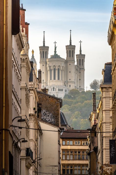 Lyon, France: Notre-Dame de Fourvière, viewed from Presqu-Île Lyon France Photography, Lyon France Aesthetic, France Lyon, Day Trip From Paris, France Aesthetic, France Photography, Scenic Photos, Lyon France, Round The World