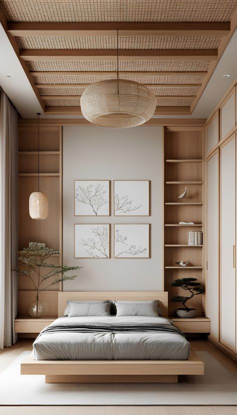 Japanese Modern Bedroom Design, Japanese Low Bed Frame, Japanese Inspired Modern Home, Japanese Modern Interior Bedroom, Japandi Villa Interior Design, Low Natural Light Bedroom, Japandi Bedroom Aesthetic, Zen Japanese Bedroom, Japanese Interiors Minimalistic