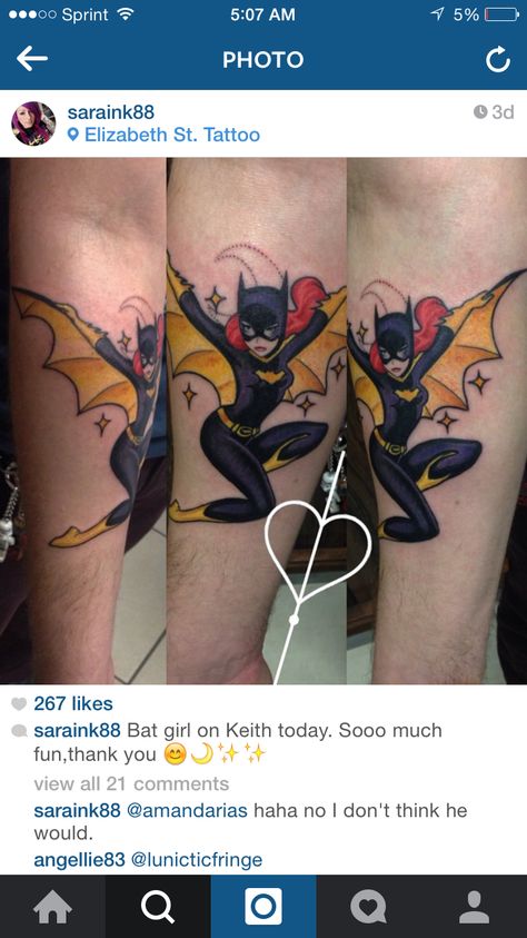 Saraink88's Batgirl Tattoo on IG Batgirl Tattoo, Girl Flash, Bat Girl, Batgirl, Tattoo On, Tattoo Inspiration, Watercolor Tattoo, Bat, Flash