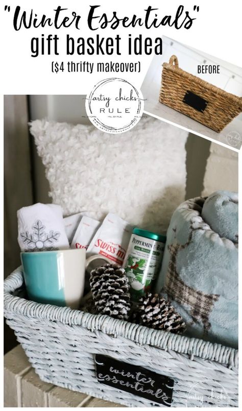 $4 Winter Basket Makeover (pillow holder, cozy throw keeper or gift idea!) - Artsy Chicks Rule® Diy Blanket Gift Basket, Raffle Basket With Blanket, Christmas Blanket Gift Basket, Throw Blanket Gift Basket Ideas, Blanket Basket Ideas, Gift Basket With Blanket, Blanket Gift Basket, Winter Basket, Winter Gift Basket