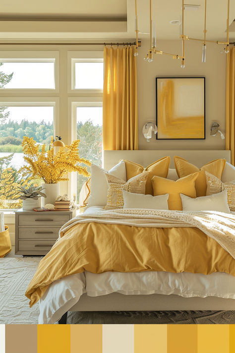 Explore paint shades from soft pastels to bold hues that transform your bedroom into a vibrant and inviting haven Yellow Master Bedrooms Decor, Yellow And White Bedroom Ideas, Bedroom With Yellow Accents, Yellow And White Bedroom, Yellow Room Aesthetic, Aphrodite Vibes, Yellow Bedrooms, Coastal Living Room Decor, Yellow Gray Bedroom