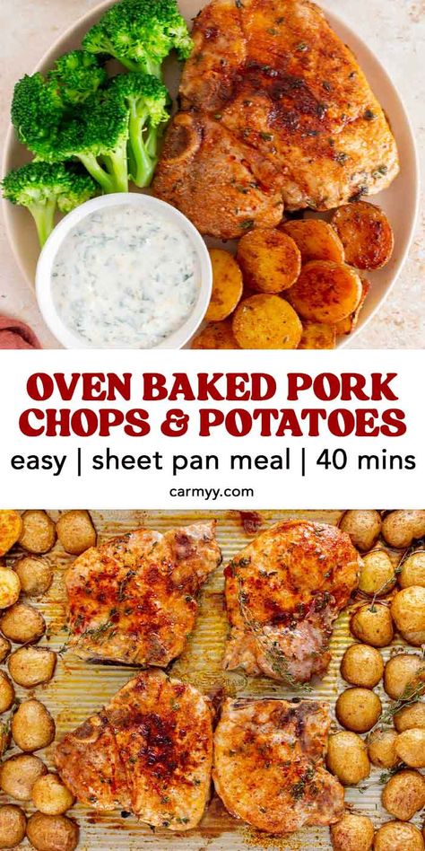 You only need a handful of ingredients to make this delicious oven baked bone-in pork chops with potatoes. It’s flavorful, easy, and comes together on a single sheet pan! You’ll love how juicy the tender bone-in pork chops are and how irresistibly crispy the potatoes get.  Made with kitchen staples, this oven baked bone-in pork chops recipe is a flavorful sheet pan meal that is one of my favorite things to make on a busy weeknight. It comes together so quickly and easily! Pork Loin Chop Recipes Oven, Oven Roasted Pork Loin Chops, Pork Chops No Bone, Pork Chop Recipes Baked Bone In With Potatoes, Roasted Pork Chops And Potatoes, Pork Loin Chops Bone In, Boneless Pork Chops And Potatoes In Oven, Pork Steak And Potatoes In Oven, Sheet Pan Pork Chops And Veggies