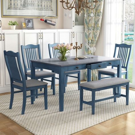 When you wanna try some new, you can try this one. This two-tone finish dining table set is crafted in solid rubber wood frame and legs which will make it last for longevity. Wood Dining Table Set, Wooden Dining Table Set, Vintage Dining Set, Kitchen Table Set, Dining Furniture Sets, Mid Century Dining, Kitchen Table Settings, Antique Blue, Dining Table Set