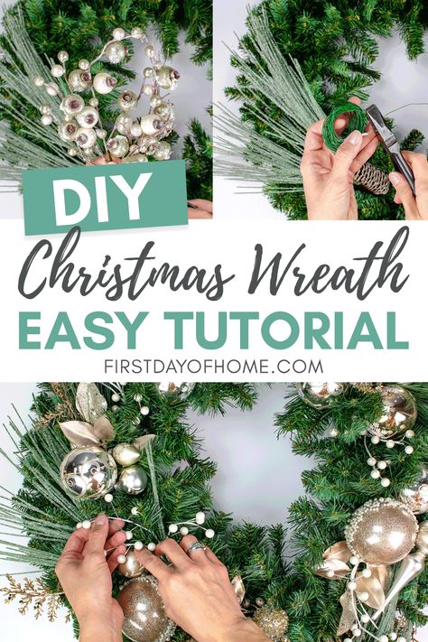 Learn how to make a DIY Christmas wreath that looks elegant and unique with this simple tutorial. This wreath has metallic ornaments, berries and other textures that are modeled after designer wreaths that are much more expensive. Come get the insider secrets the experts won't tell you. #christmaswreath #holidaywreath #diydecor #christmasdecor #firstdayofhome Homemade Christmas Wreaths, Christmas Wreath Decor, Diy Christmas Wreath, Holiday Wreaths Diy, Christmas Wreaths Diy Easy, Wreaths Christmas, Diy Christmas Wreaths, Christmas Decorations Wreaths, Recipes Appetizers