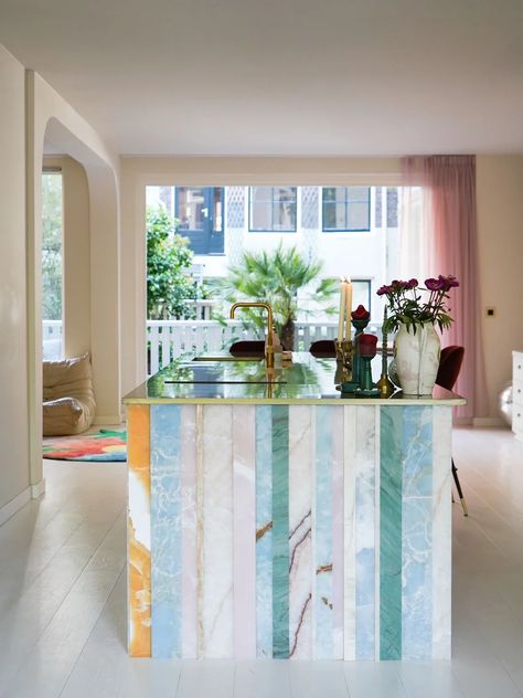 Anti-Marble, This Stylist Wrapped Her Island in Colorful Onyx Colorful House Inspiration, Leftover Marble Ideas, Cool Kitchen Island Ideas, Different House Styles Interiors, Colorful Kitchen Island, Fun Kitchen Island, Kitchen Open Shelving Ideas, Idea For Kitchen, Onyx Kitchen