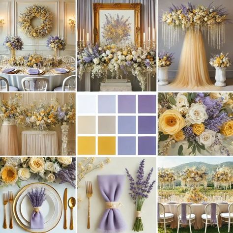 Lavender and yellow are a match made in heaven for a softer, romantic touch. Think lavender bouquets mixed with sunny yellow wildflowers and table linens in these hues. Perfect for outdoor ceremonies or rustic barn weddings, this combination radiates warmth and joy. Enhance the ambiance with lavender-scented candles and yellow fairy lights.   #LavenderAndYellow #RomanticWedding #WeddingPalette #OutdoorWedding #RusticWedding #WeddingInspiration #WeddingDecor #WeddingFavors Pale Yellow And Purple Wedding, Pale Yellow And Lavender Wedding, Lilac And Pale Yellow Wedding, Silver And Yellow Wedding, Lilac And Lemon Wedding, Lilac And Yellow Wedding Theme, Purple And Yellow Wedding Ideas, Light Purple And Yellow Wedding, Yellow Purple Sage Wedding