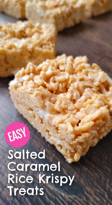 EASY Salted Caramel Rice Krispies Treats! The easiest recipe for elevated rice krispies that are chewy and crispy, packed with buttery caramel and warm vanilla flavor that’s highlighted by the perfect amount of salt. Salted Caramel Rice Krispies, Salted Caramel Rice Krispie Treats, Caramel Rice Krispies, Caramel Rice Krispie Treats, Salted Caramel Desserts, Gooey Desserts, Easy Salted Caramel, Rice Crispy Bars, Blondie Recipes