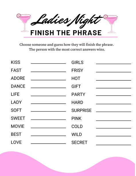 Fun Ideas For Ladies Night, Slumber Party Games For Women, Girls Sleepover Party Adult, Ladies Night Decor, Ladies Night Out, Girls Weekend Games, Games For Girls Night Adults, Brunch Games Ladies, Ladies Night Decorations