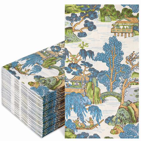 PRICES MAY VARY. WHAT YOU WILL GET: 100pcs guest paper napkins are contained in the set, delicate designs that make it suitable for the use on parties and dinner tables, sufficient quantity to meet your different needs. VINTAGE CHINOISERIE DESIGN: Our paper napkins are patterned with landscapes in vintage chinoiserie style, vivid and lively, perfect for party table decor to delight and impress your guests. SAFE MATERIAL: Made of good quality paper, soft and degradable, not easy to tear, and they