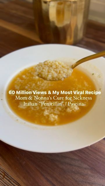 Caterina Cosentino | Easy, Quick & Family Recipes on Instagram: "“Italian Penicillin” or Pastina to us, was a staple in our house growing up when we were under the weather. Mom and Nonna made it for us and I swear within a day we were feeling better😂 they had all the tricks and old wives tales to fix everything. I know if I can be half the mama they were, I’ll be alright :)

4 cups organic chicken or veggie broth 
6 cups water
3 celery ribs, cut in half
3 carrot stalks, peeled and cut in half
6 garlic cloves, whole
1 whole onion, yellow or white 
1tsp salt
1-2tbsp chicken bouillon (optional)
Pastina, orzo, Ditalini pasta of your choice
Sprinkle with Parmesan cheese

1. In a stock pot, add water and chicken broth. Add all vegetables and bring to a boil on medium high heat. 
2. Once boiling Penicillin Soup, Italian Penicillin, Quick Family Recipes, Pastina Recipes, Pastina Soup, Quick Soup Recipes, Quick Family Meals, Veggie Broth, Healthy Low Carb Dinners