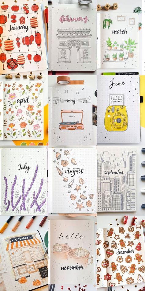 Journal Ideas For 2023, Cute Planner Ideas For School, Month Journal Page Ideas, Easy Diary Decoration Ideas, August Book Journal Ideas, January Spread Ideas, Bujo Monthly Themes, March Reading Journal Spread, Winter Doodles Bullet Journal