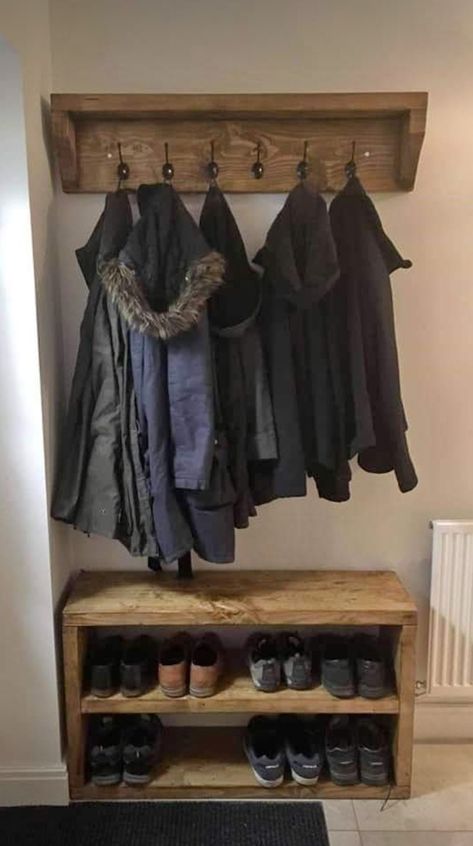 Small Space Coat Rack Entry Ways, Diy Rustic Coat Rack, Shoe Unit, Small House Storage, Coat And Shoe Storage, Stairs Renovation, Coat And Shoe Rack, Coat Storage, Mudroom Laundry Room