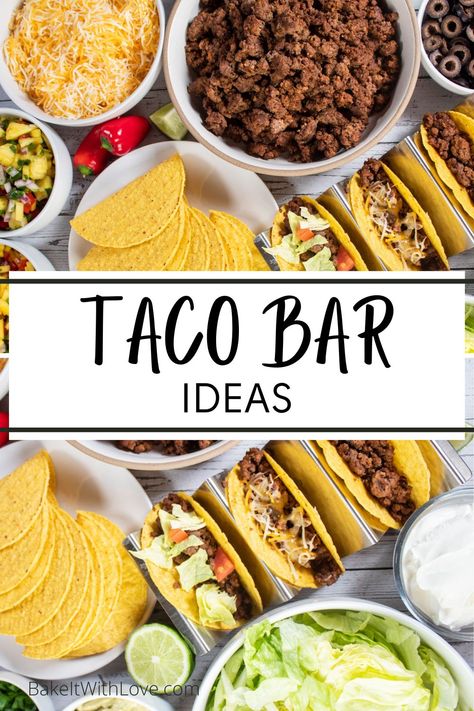 A taco bar is an easy and delicious way to feed a hungry crowd and guests will love getting to build their own tacos! With tons of tasty toppings to choose from, everyone can customize their taco to perfectly suit their tastes! Keep reading for everything you need to know about setting up the ultimate taco bar at home! BakeItWithLove.com #bakeitwithlove #tacos #tacobar #party #groundbeef Tacobar Party, Taco Bar Buffet, Mexican Party Food, Taco Bar Party, Party Food Bars, Tacos Mexicanos, Nacho Bar, Taco Party, Fiesta Tropical