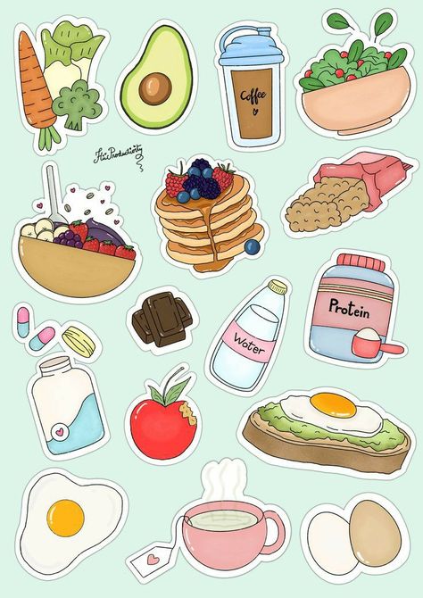 Cute Stickers For Digital Planner, Digital Stickers For Planner, Sticker For Printing, Sticker Planner Ideas, A4 Sticker Sheet Printable, Health Design Ideas, Digital Sticker Sheet, Cute Food Stickers Printable, Leaves Stickers Printable