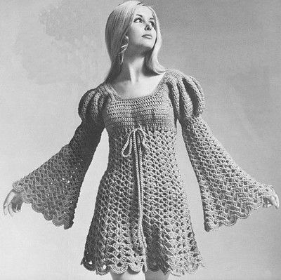 1969 Crochet Juliet Dress | Rita Holcomb | Flickr Juliet Dress, Vintage Crochet Dresses, Style Année 60, Mini Dress Uk, Crochet Bell Sleeve, Mini Tunic Dress, Crochet Vintage, Vintage Dress Patterns, Crochet Tunic