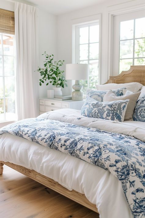 80+ Fresh Summer Bedroom Decor Ideas Beachy Interior Design Bedroom, Pottery Bedroom Ideas, Interior Design Primary Bedroom, Serena And Lily Inspired Bedroom, Light Blue Master Room, Large Primary Bedroom Ideas, Dusty Blue Bedroom Ideas, Bedroom With Wainscoting, Fantasy Bedrooms