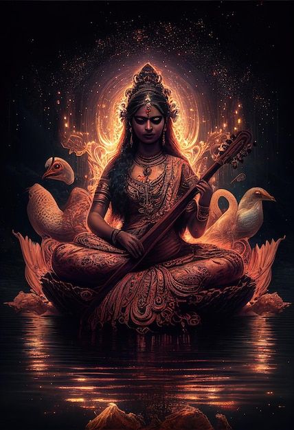 Saraswati Picture, Goddess Saraswati, Saraswati Goddess, Hindu Culture, Indian Goddess, Peace Illustration, Vedic Art, Hinduism Art, Goddess Artwork