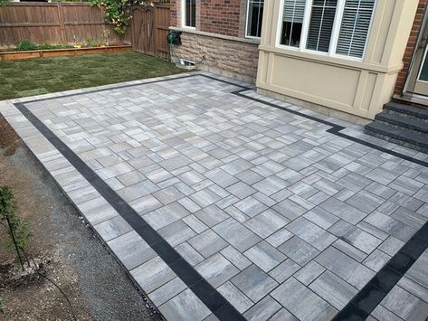 Concrete Patio Ideas to Choose from for your Compound Square Stone Patio Ideas, Grey Pavers Backyard, Paver Designs Patterns Backyard, Interlock Patio Backyard, Patio With Steps Down From House, Concrete Patio Ideas, Home Backyard, Pavers Backyard, Paver Designs