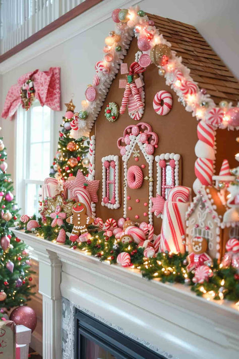 34 Beautiful Mantel Ideas for Winter for a Stunning Home Gingerbread Theme Mantle, Candy Cane Mantel Decorations, Peppermint Mantle Decor, Candy Cane Christmas Fireplace, Huge Gingerbread House Ideas, Gingerbread Christmas Mantle, Gingerbread Theme Christmas Tree Decorating Ideas, Candy Cane Fireplace Decor, Gingerbread House Decorating Party For Adults