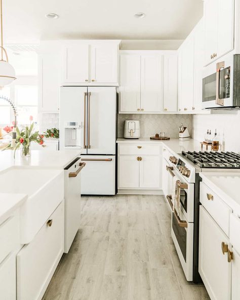 All White Kitchen White Appliances, Ge Cafe Matte White Microwave, Cafe Style Appliances, Cafe White Design, White Kitchen And White Appliances, All White Appliances In Kitchen, Two Tone Kitchen Cabinets With White Appliances, White Cabinet White Appliances, White Appliances Gold Hardware