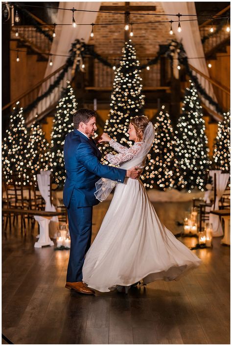 The Views at Sunset Ridge Christmas Couple Dancing Wedding Reception Christmas Trees, Christmas Tree At Wedding, Christmas Trees At Wedding, Christmas Wedding Photos, Christmas Wedding Pictures, Pink Christmas Wedding, Christmas Wedding Ceremony, Christmas Styled Shoot, Tree Wedding Ceremony