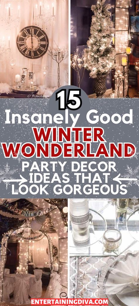 15 Elegant Winter Wonderland Party Ideas | Best New Years Eve Party Ideas Iced Out Party Theme, Winter Wonderland Backdrop Ideas Diy, Easy Winter Wonderland Decorations, Winter Wonderland Christmas Party Ideas, Winter Wonder Land Theme, Winter Banquet Decorations, Sparkle Christmas Party Theme, Winter Wonderland Company Party, Winter Wonderland Fireplace Decor