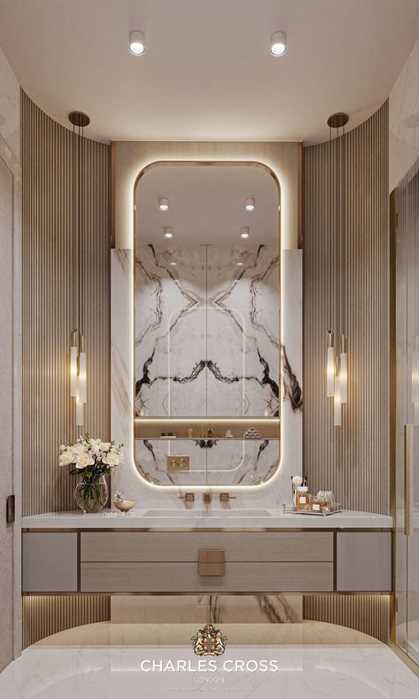 Modern Bathroom Design🤍 Lit Mirror Bathroom, Luxury Bathroom Lighting, Luxury Washroom Design, Luxury Toilet Design, Luxury Bathroom Master, Toilet Design Modern, Traditional Bathroom Mirrors, Bathroom Lighting Trends, Bathroom Interior Design Luxury