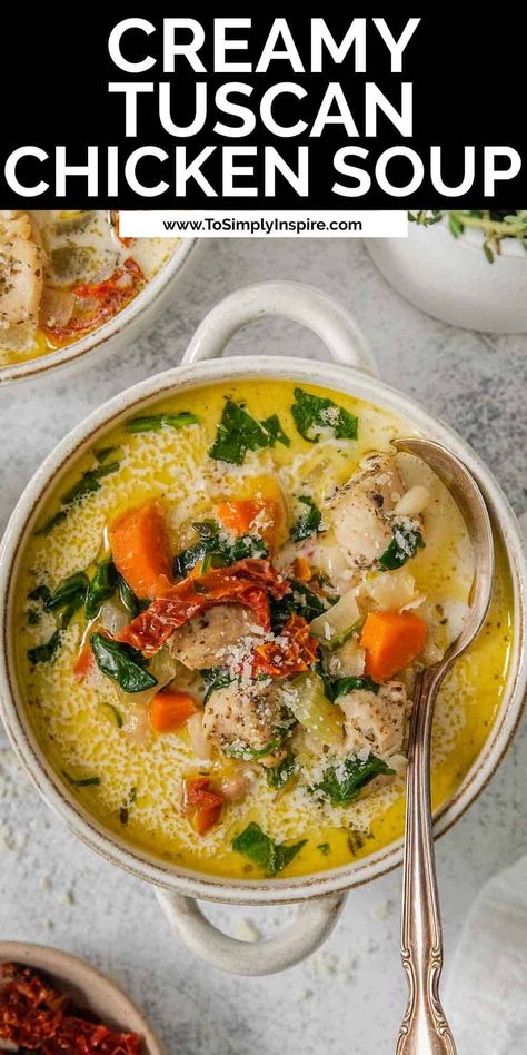 This Tuscan Chicken soup recipe elevates traditional chicken soup in a way that delivers all the flavors of a classic Tuscan chicken dish in the form of a hearty soup. Sundried tomatoes, tender chicken, vegetables, white beans, and zesty Italian herbs all in a creamy broth makes a perfect easy dinner idea for any night of the week Tuscan Chicken Soup Recipes, Tuscan Chicken Soup Crockpot, Tuscany Chicken Soup, Chicken Tuscan Soup, Creamy Tuscan Chicken Soup, Tuscan Chicken Stew, Tomato Chicken Soup, Tuscan Chicken Soup, Italian Chicken Soup