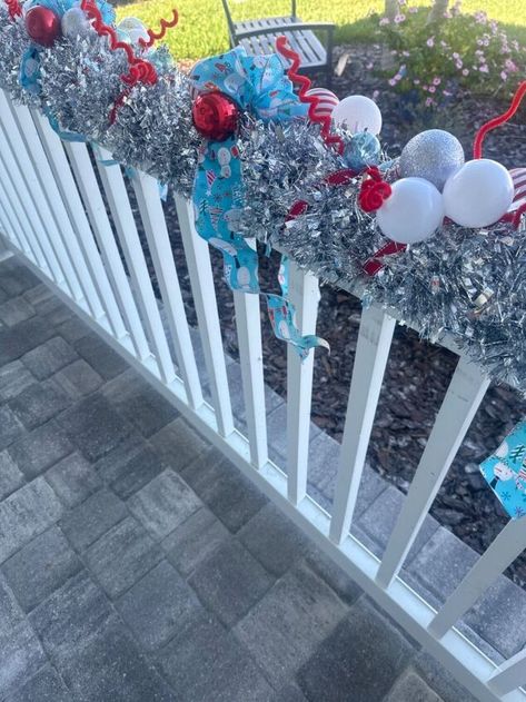 Christmas Diy Pool Noodles, Pool Noodle Ornaments, Pool Noodle Outdoor Decor, Christmas Decoration With Pool Noodles, Decorating Porch Railings For Christmas, Decorate Railing For Christmas, Pool Noodle Railing Christmas, Pool Noodle Holiday Decor, Pool Noodle Mantle Decor