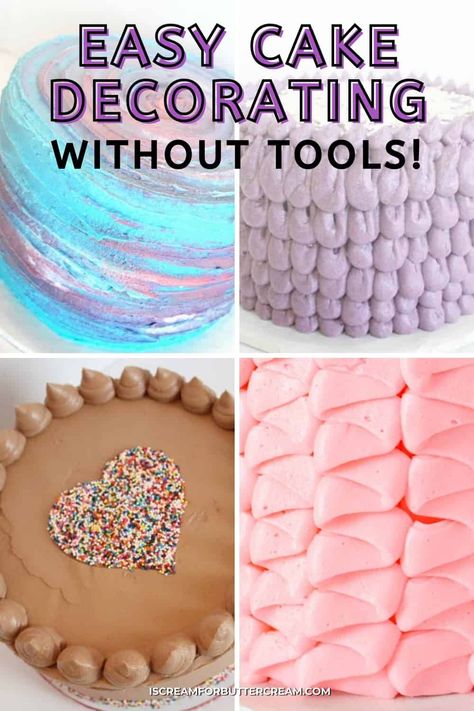 Five easy cake decorating tips you can use to decorating cakes without cake decorating supplies. These cakes are decorated using only the supplies you have on hand, no special tools needed. Easy Decorated Cakes, Simple Cake Designs Birthday, Bakery Style Cake, Cake Styles, Easy Icing, Decorate A Cake, Cake Decorating Courses, Icing Techniques, Cake Decorating For Beginners