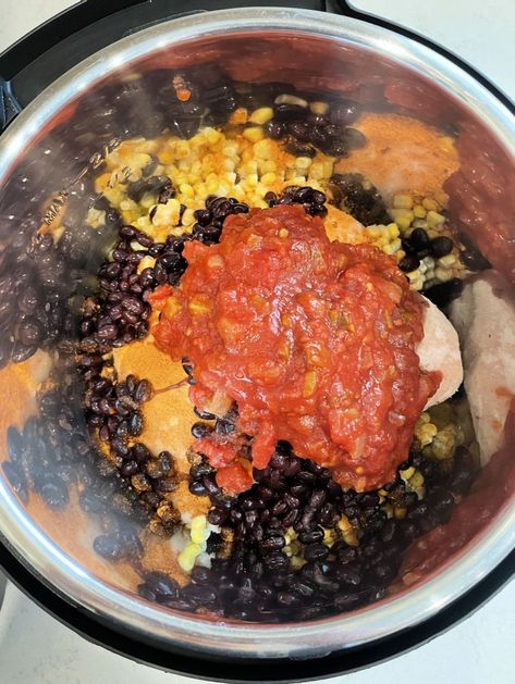 Instant Pot Black Bean Corn Salsa Chicken Recipe (Freezer Meal) Salsa Chicken Recipe, Bean Corn Salsa, Salsa Chicken Crockpot, Corn Bean Salsa, Black Bean Corn Salsa, Slow Cooker Black Beans, Black Bean Corn, Black Bean Recipes, Salsa Chicken