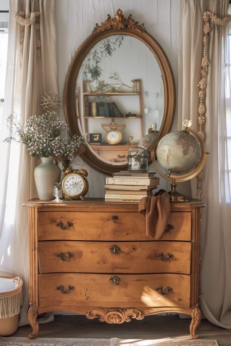 29 Boho Bedroom Dresser Decor Ideas 2 Vintage Mirror Decor Ideas, Vintage House Decor Aesthetic, Boho Vintage Home Decor, Dresser Decor Vintage, Antique Style Home Decor, Vintage Bedroom Dresser, Retro Farmhouse Decor, Thrifting Furniture Ideas, Thrifted Home Decor Aesthetic