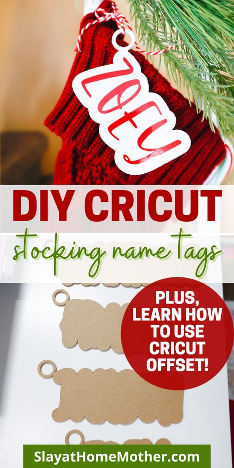 Make these gorgeous DIY stocking name tags with your Cricut Maker - a great easy beginner Maker project! #maker #cricutmade #cricutcrafts #slayathomemother #crafting #cricut #christmascrafts Christmas Name Tags Diy Craft Ideas, Stocking Name Tags Cricut, Names On Stockings Diy Cricut, Cricut Christmas Name Tags, Name Gift Tags, Stocking Tags Cricut, Gift Name Tag Ideas, Cricut Stocking Tags, Christmas Stocking Tags Diy