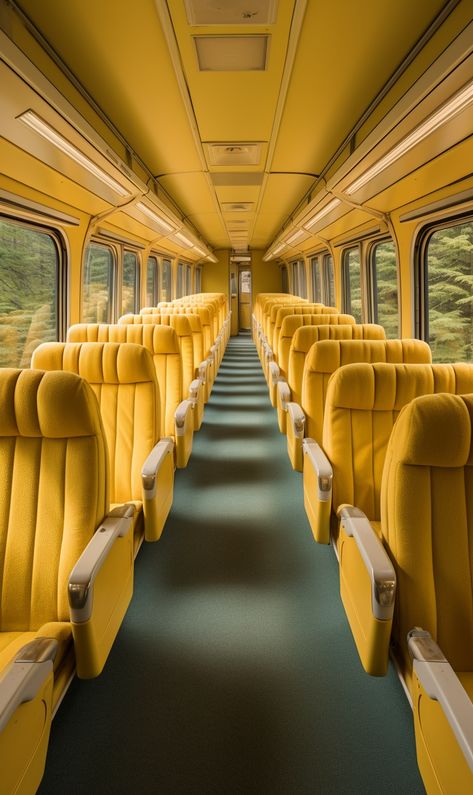 A bus interior photography in a mustard yellow tone typical to Wes Anderson aesthetic Yellow Wes Anderson, Yellow Movie Aesthetic, Wes Anderson Yellow, Wes Anderson Aesthetic Photography, Wes Anderson Style Photography, Wes Anderson Interior Design, Wes Anderson Photography, Bus Interior Design, Yellow Editorial