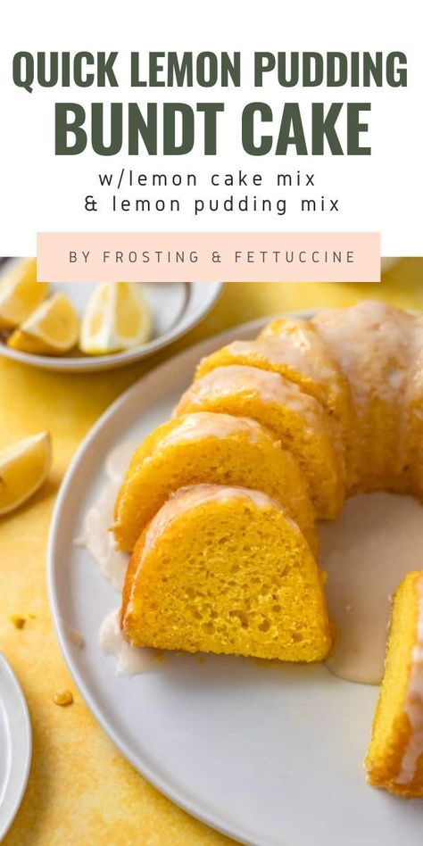 Short on time? This Quick Lemon Pudding Bundt Cake is a quick and easy cake recipe that will show you how to make a delicious bundt cake with lemon cake mix and lemon pudding mix. The result is a zesty and refreshing cake that is perfect for summer gatherings or potlucks! Lemon Jello Bundt Cake Recipe, Lemon Pudding Bundt Cake Recipe, Recipes Using Lemon Pudding, Lemon Drop Cake Recipes, Pillsbury Lemon Cake Mix Recipes, Lemon Cake Made With Cake Mix And Pudding, Cakes Made With Pudding, Lemon Bundt Cake Recipe Instant Pudding, Lemon Bunt Cakes Recipes