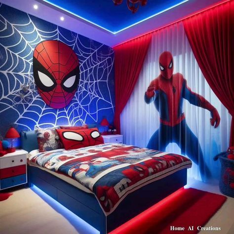 Superman Bed, Spiderman Room Ideas, Spiderman Bedroom, Avengers Bedroom, Blue And Gold Bedroom, Man Bedroom, Spiderman Room, Tipografi 3d, Superhero Bedroom