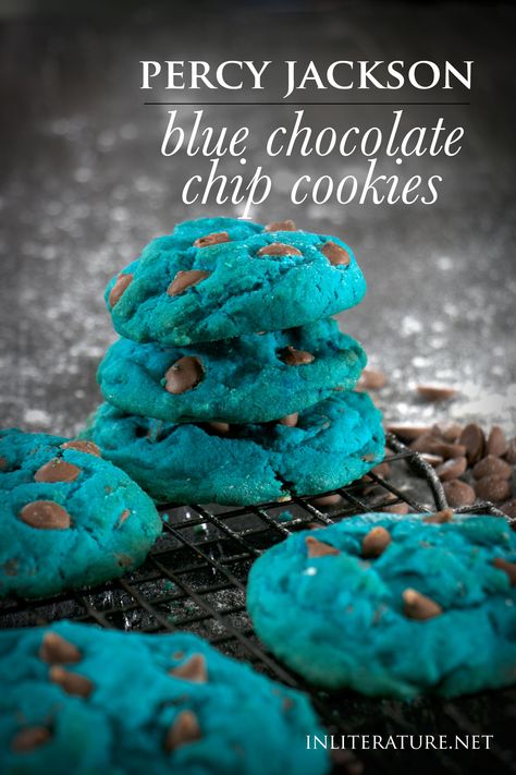 While it may not be in liquid form, these delicious blue chocolate chip cookies are what I imagine Percy Jackson's elixir to taste like. Super quick and easy to make as well! Blue Cookie Recipe, Percy Jackson Blue Cookies Recipe, Blue Cookies Recipe, Blue Cookie Monster Cookies, Percy Jackson Recipes, Percy Jackson Cookies, Blue Food Ideas Party, Blue Chocolate Chip Cookies, Percy Jackson Birthday