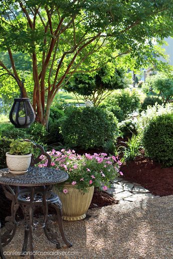 Gravel Patio Front Yard, Garden Obelisk Ideas Focal Points, Ornamental Herb Garden, Front Yard Shade Ideas, Front Yard Living Space, Enchanted Garden Backyard, Front Yard Patio Ideas, Garden Ornaments Ideas, Front Yard Patio